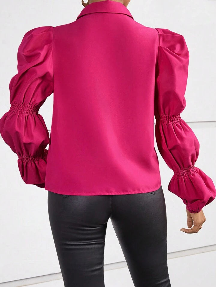 CM-TS182442 Women Casual Seoul Style Solid Button Front Ruched Shirt - Hot Pink