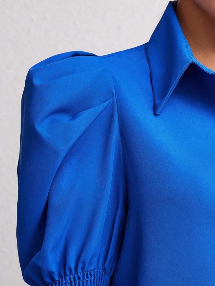 CM-TS118518 Women Casual Seoul Style Solid Button Front Ruched Shirt - Royal Blue