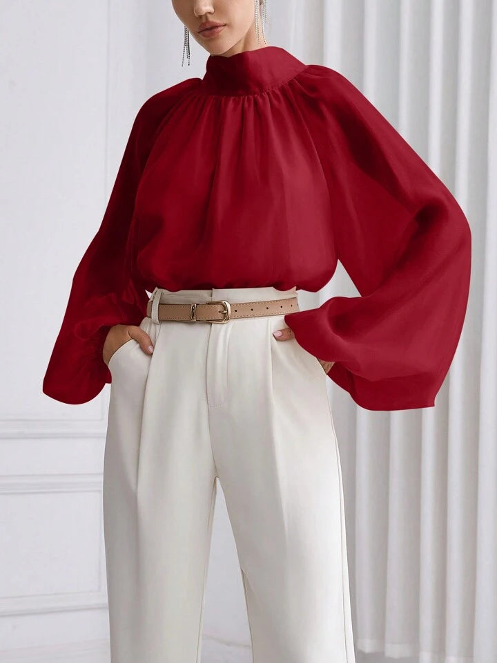CM-TS916615 Women Elegant Seoul Style High Neck Lantern Sleeve Shirt - Red