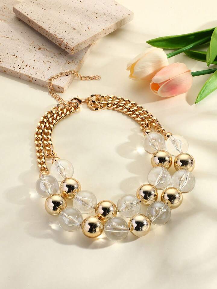 CM-AXS756351 Women Trendy Seoul Style Double Layered Chain Necklace With Round Bead