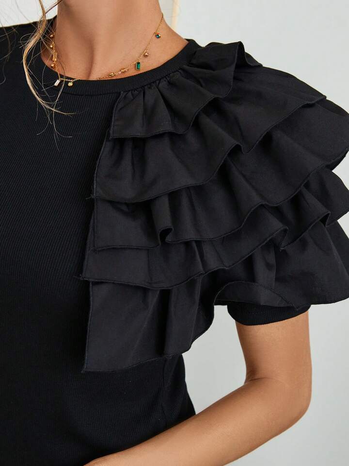 CM-TS826072 Women Casual Seoul Style Multi-Layer Ruffle Decoration T-Shirt - Black