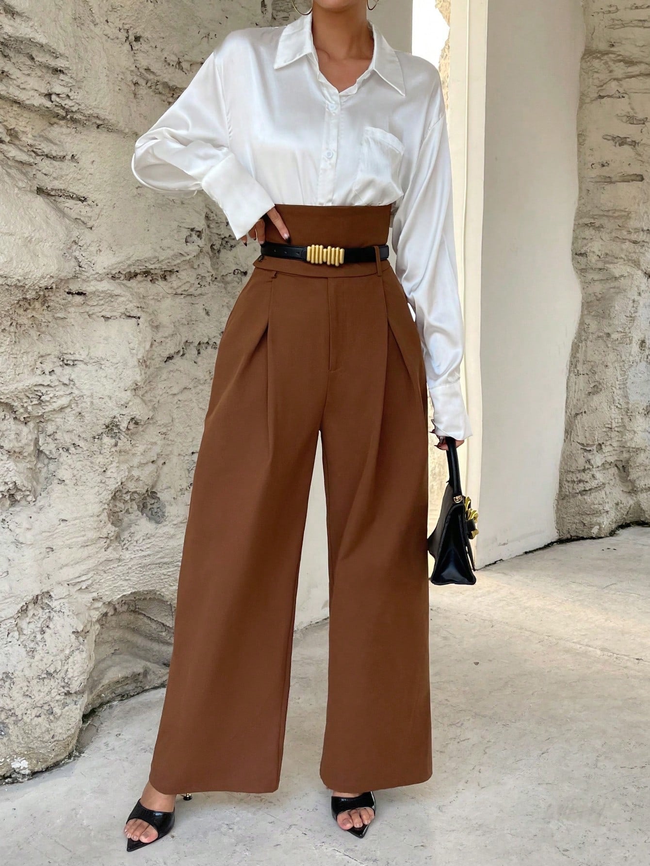 CM-BS052776 Women Elegant Seoul Style High Waist Plicated Detail Wide Leg Pants