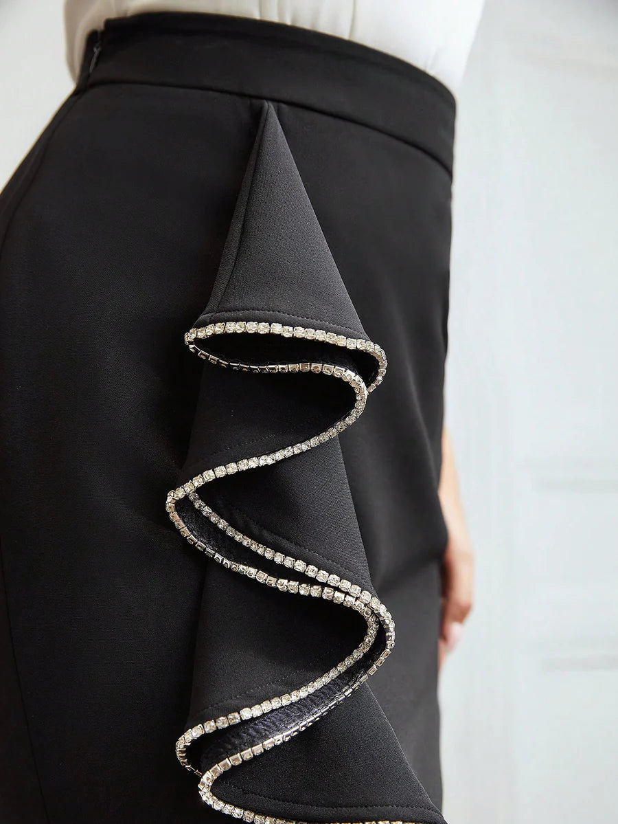 CM-BS734779 Women Elegant Seoul Style Rhinestone Trim Ruffle Midi Skirt - Black