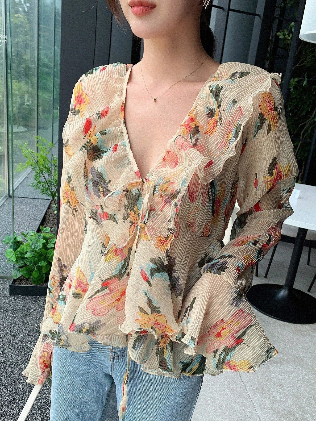 CM-TS196662 Women Trendy Bohemian Style Floral Print Ruffle Trim Flare Sleeve Blouse
