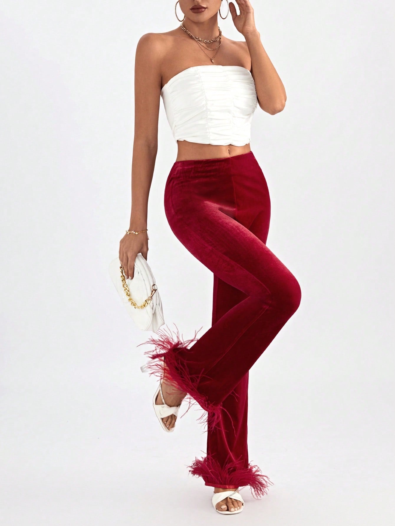 CM-BS913402 Women Elegant Seoul Style Fuzzy Hem Velvet Flare Leg Pants