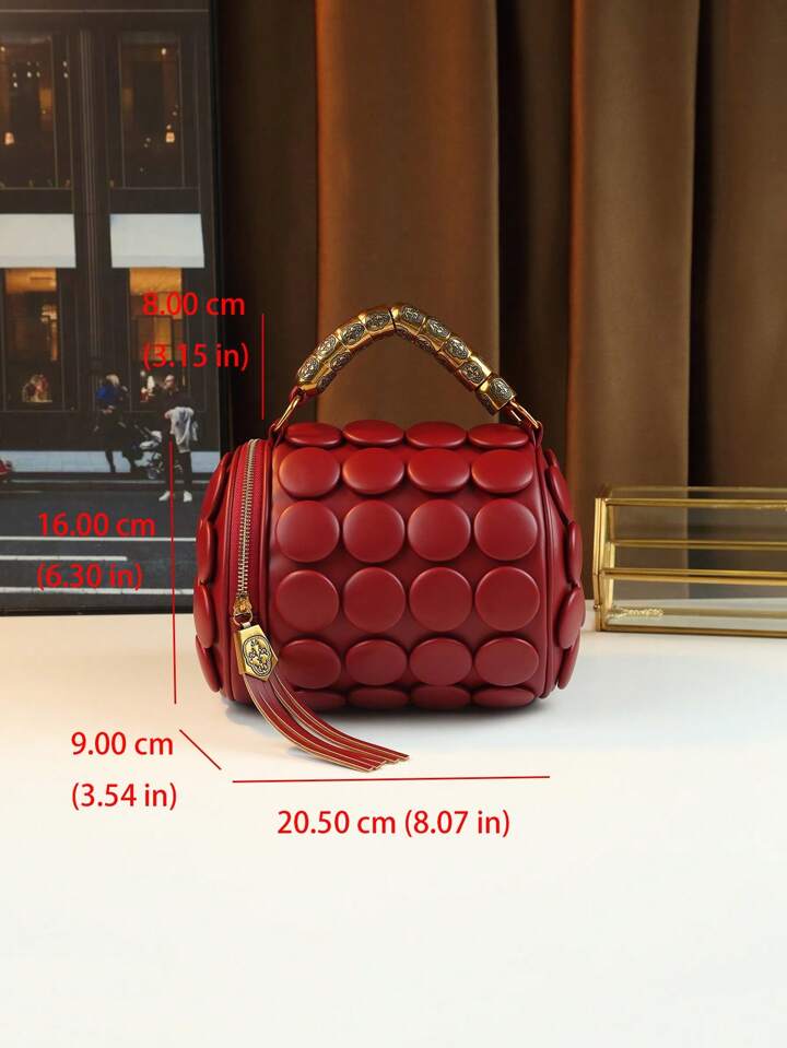 CM-BGS423997 Women Trendy Seoul Style Dotted Pattern Bolster Pillow Shaped Cylinder Bag - Burgundy