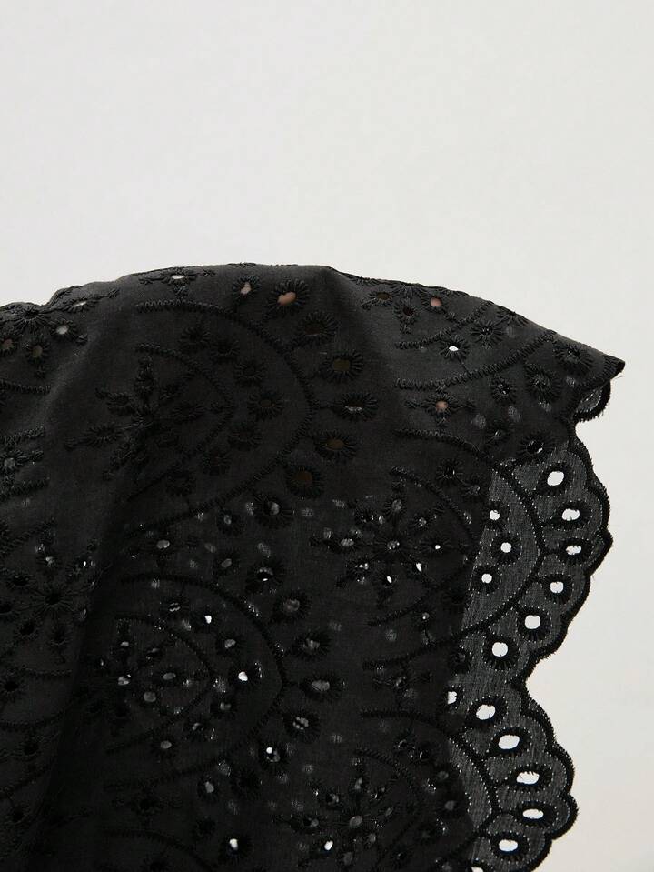 CM-TS493694 Women Trendy Bohemian Style Round Neck Long Sleeve Patchwork Ruffle Hollow Out Embroidery Blouse - Black