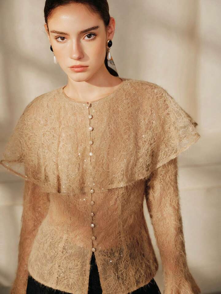 CM-TS650408 Women Elegant Seoul Style Peter Pan Collar Long Sleeve Flowy Lace Blouse - Khaki