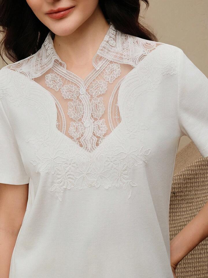 CM-TS494343 Women Casual Seoul Style Square Neck Lace Patchwork Short Sleeve T-Shirt - White