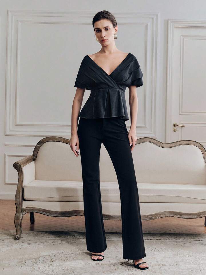 CM-TS844134 Women Elegant Seoul Style Pleated V-Neck Off Shoulder Layered Sleeve Blouse - Navy Blue