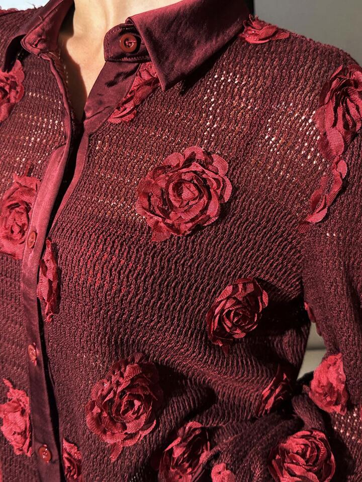 CM-TS192728 Women Elegant Seoul Style Collar Neckline 3D Floral Applique Front Button Sheer Blouse - Burgundy