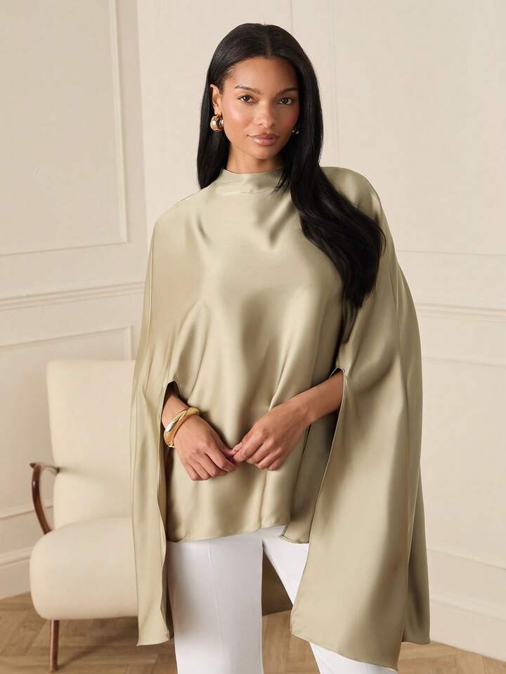 CM-TS001981 Women Elegant Seoul Style Shawl Collar Solid Color Batwing Sleeve Oversized Poncho Top - Army Green