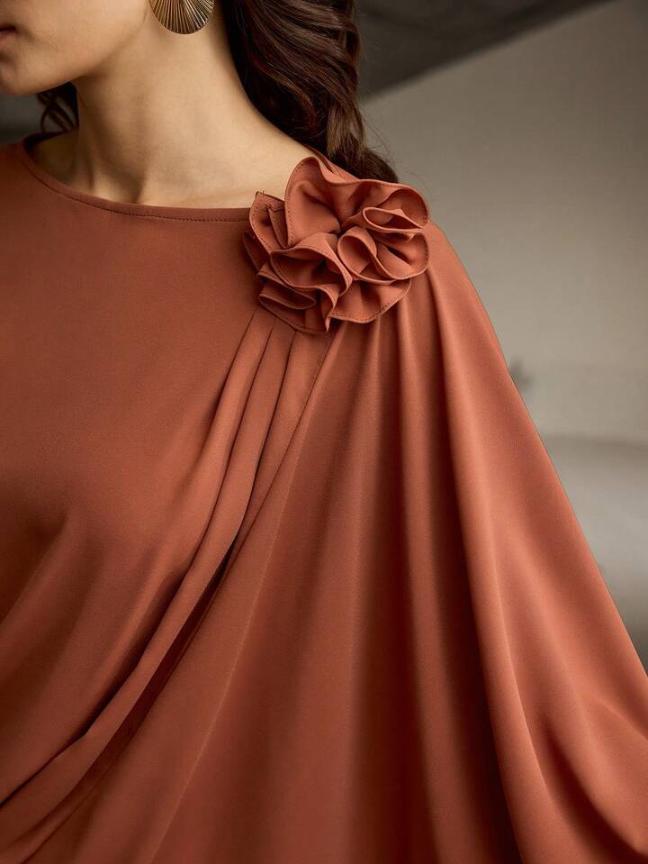 CM-TS909102 Women Elegant Seoul Style Solid Color Lantern Sleeve 3D Floral Asymmetric Hem Blouse - Coffee Brown