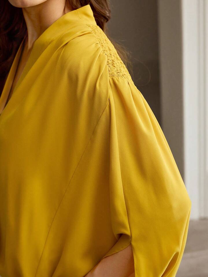 CM-TS845584 Women Elegant Seoul Style V-Neck Half Sleeve Mulberry Silk Sculptural Blouse - Yellow