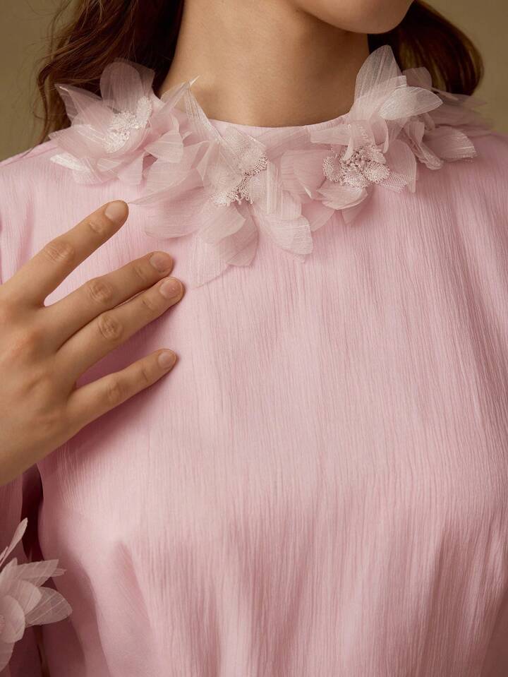 CM-TS472782 Women Elegant Seoul Style Solid Color Puff Sleeve Cinching Waist Casual Applique Collar Shirt - Pink