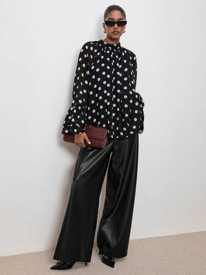 CM-TS454626 Women Elegant Seoul Style Ruffled Wide Sleeves Polka Dot Long Sleeve Shirt - Black