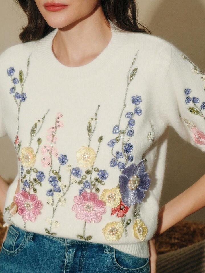 CM-TS133436 Women Casual Seoul Style Beaded Embroidered Floral Round Neck Short Sleeve Knit Top - White