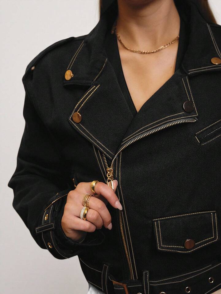 CM-CS983640 Women Elegant Seoul Style Cropped Denim Biker Jacket With Gold Trim Details - Black