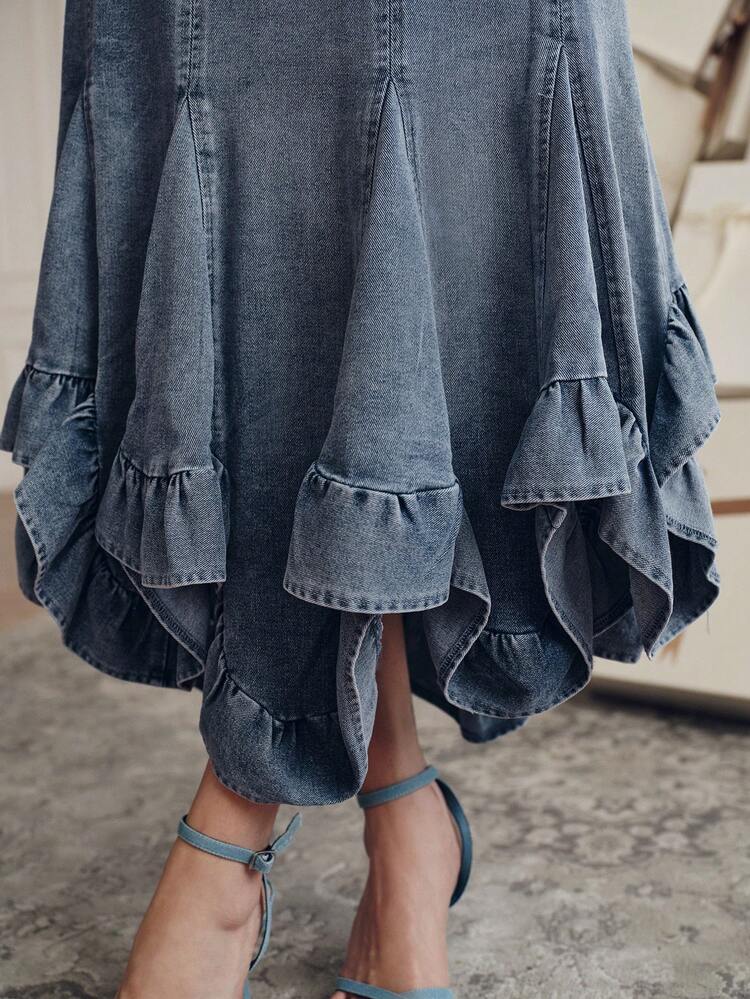 CM-BS607951 Women Elegant Seoul Style High Waist Asymmetric Fishtail Long Denim Skirt - Blue