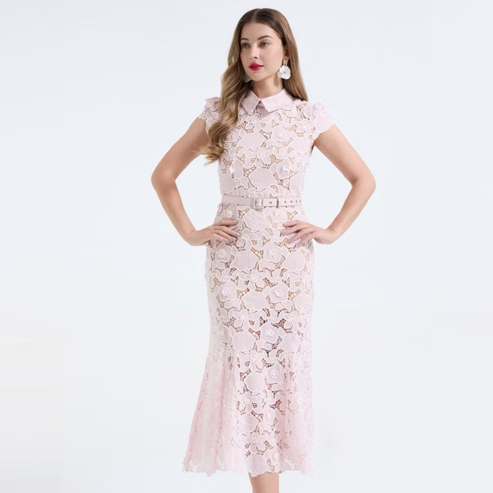 CM-DY068243 Women Elegant European Style Shirt Collar Cap Sleeve High Waist Lace Floral Fishtail Dress (Available in 3 colors)