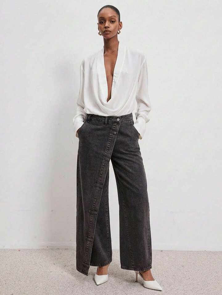 CM-BS191332 Women Casual Seoul Style Mid Waist 2 In 1 Loose Straight Leg Jeans - Dark Gray