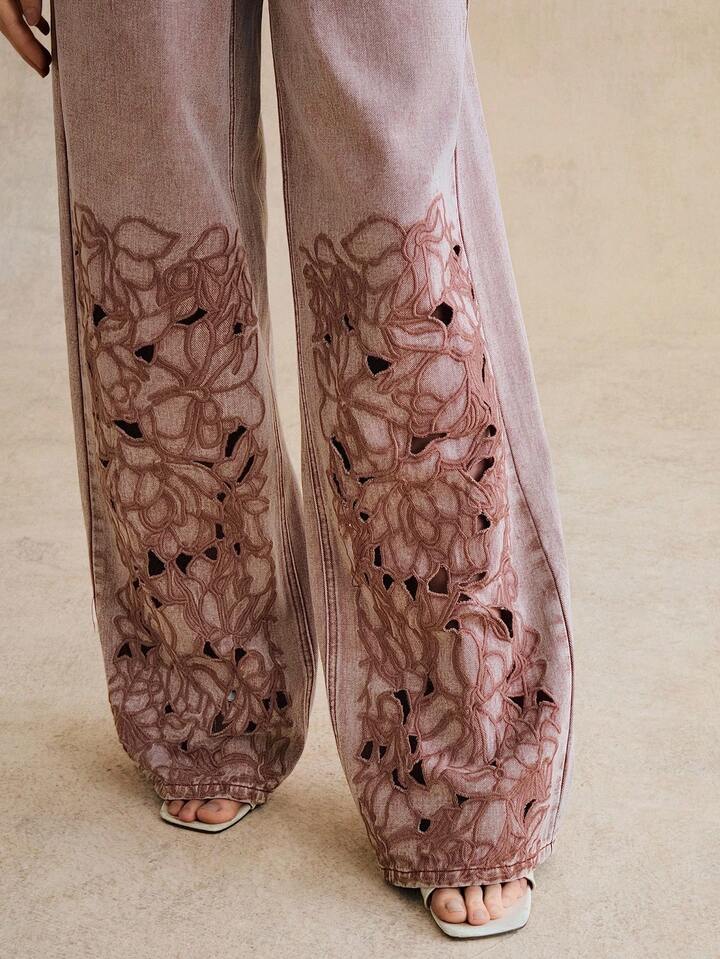 CM-BS544633 Women Elegant Seoul Style High Waist Embroidered Hollow Out Loose Straight Leg Wide Leg Jeans - Dusty Pink