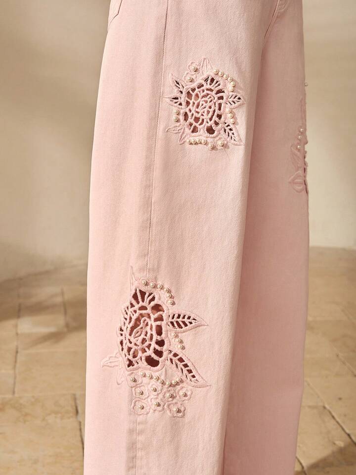 CM-BS636951 Women Elegant Seoul Style Floral Embroidery Hollow Out Straight Leg Jeans - Pink