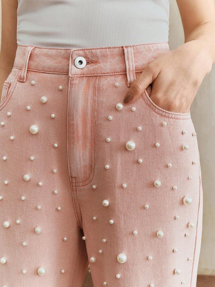 CM-BS456626 Women Elegant Seoul Style High Waist Beaded Straight Loose Wide Leg Jeans - Baby Pink
