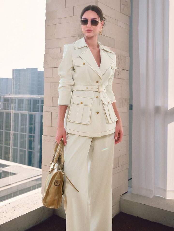 CM-SS666585 Women Elegant Seoul Style Solid Color 3D Pocket Decor Belted Jacket With Wide Leg Pants - Set