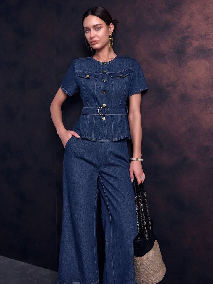 CM-SS887888 Women Elegant Seoul Style Tie-Up Ruffle Hem Cropped Top With High Waist Wide Leg Pants - Set