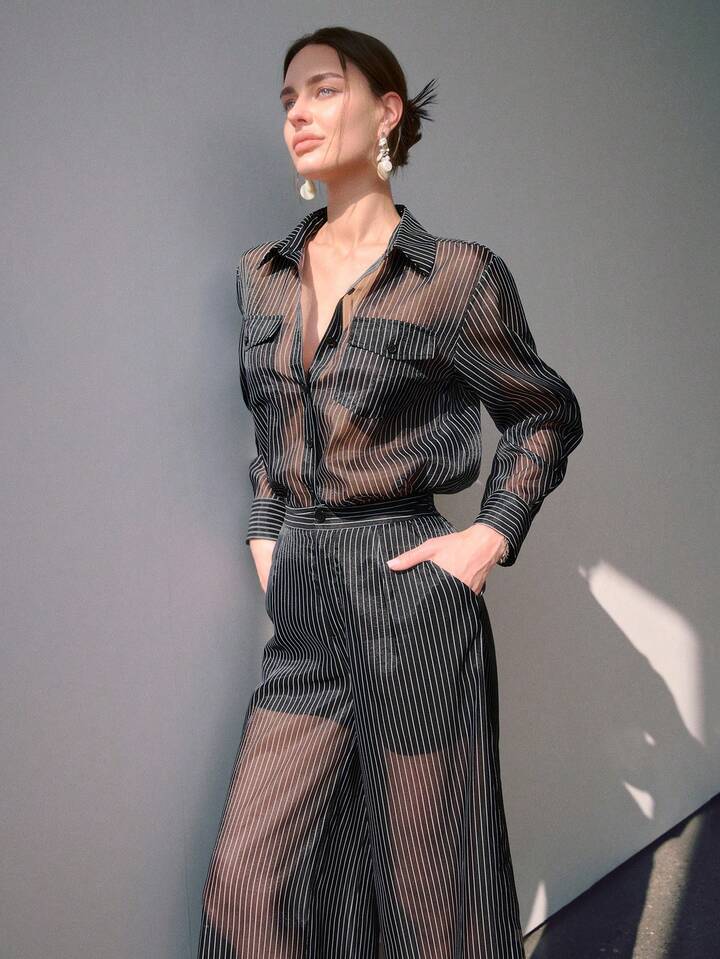 CM-SS286636 Women Elegant Seoul Style Semi-Sheer Striped Pocket Decor Button Shirt With Wide Leg Pleated Pants - Set