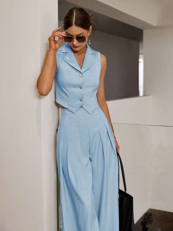 CM-SS236231 Women Elegant Seoul Style Lapel Neckline Sleeveless Vest With Loose Pleated Wide-Leg Pants - Set