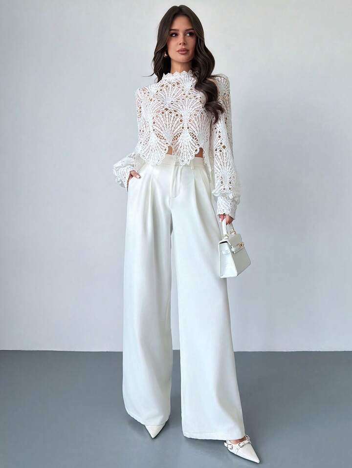 CM-TS777175 Women Elegant Seoul Style Mandarin Collar Lace Sheer Lantern Sleeve Blouse - White