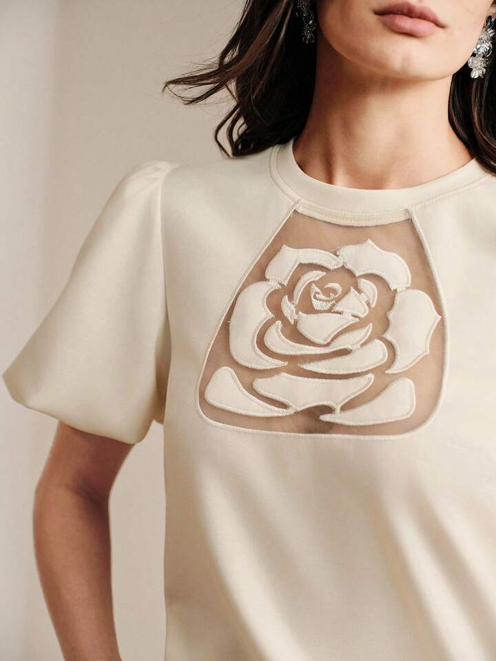 CM-TS660903 Women Elegant Seoul Style Embroidered Rose Round Neck Short Puff Sleeve T-Shirt - Apricot