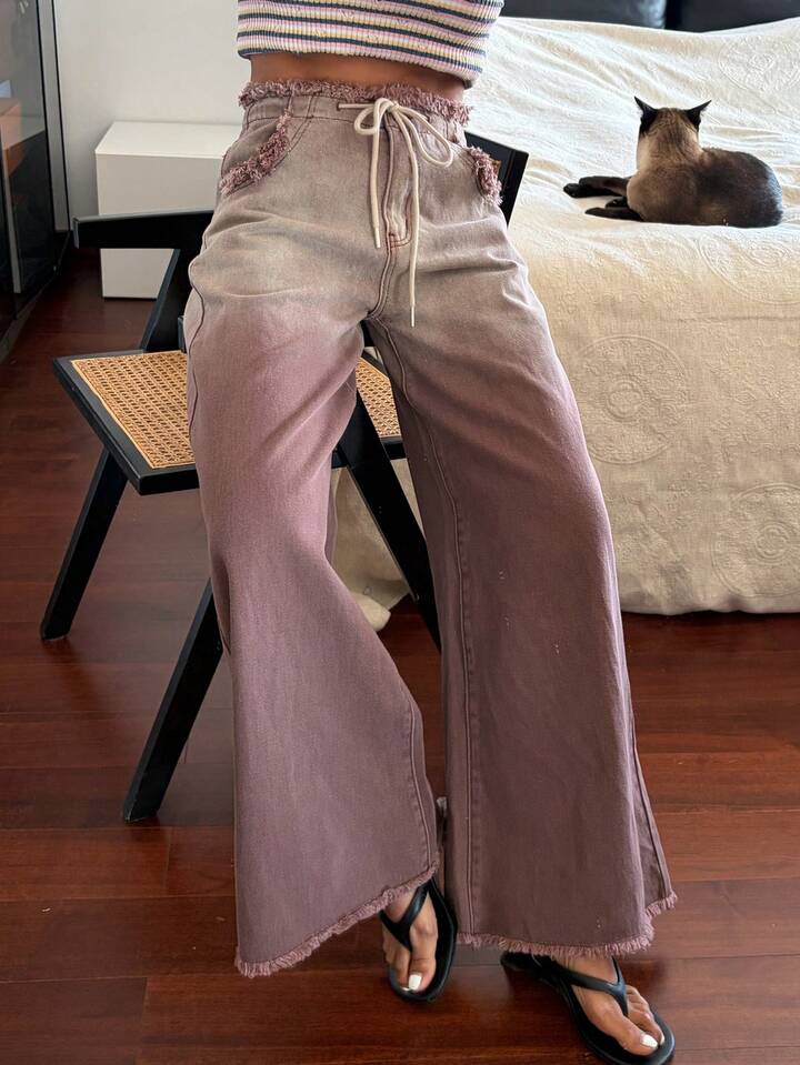 CM-BS615471 Women Casual Seoul Style Mid Waist Frayed Ombre Lace-Up Straight Leg Jeans - Brown