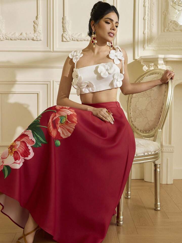 CM-BS841641 Women Elegant Seoul Style Mid Waist Floral Print Oversized Flare Midi Skirt - Red