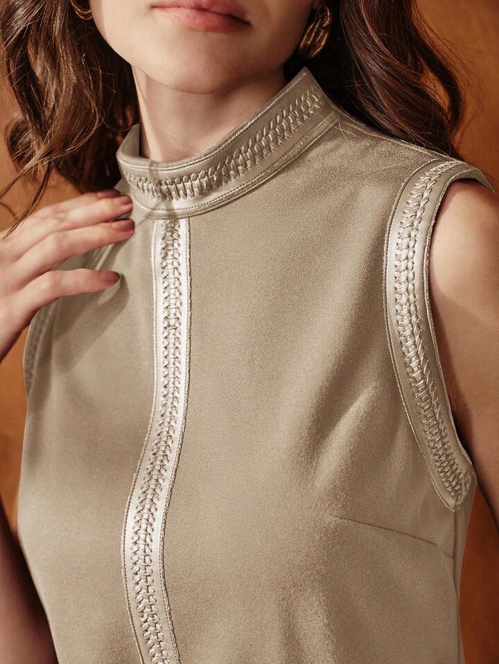 CM-TS575053 Women Elegant Seoul Style Stand Collar Rhinestone Decor Sleeveless Tank Top - Khaki