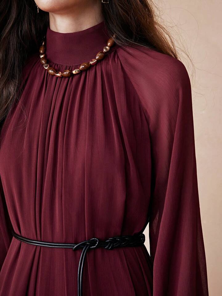 CM-DS437313 Women Elegant Seoul Style Stand Collar Long Sleeve Loose Fit Chiffon Layered Ruffle Dress - Burgundy