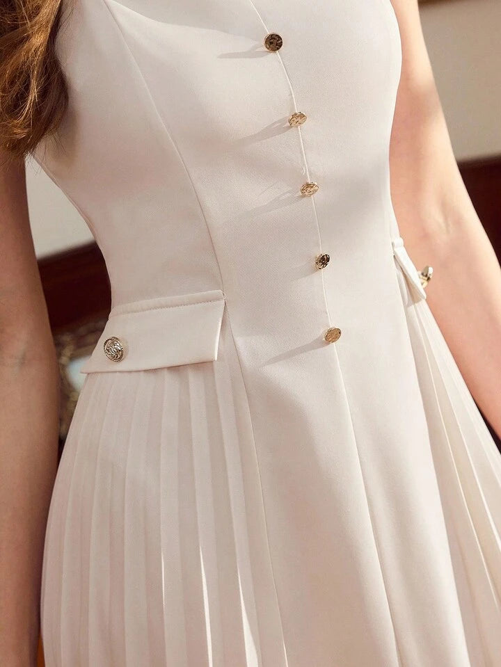 CM-DS462263 Women Elegant Seoul Style V-Neck Sleeveless Button Pleated High Waist A-Line Midi Dress - Beige