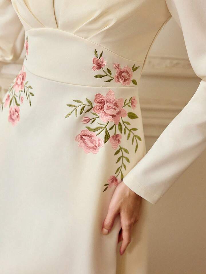 CM-DS716868 Women Elegant Seoul Style Floral Embroidery Stand Collar Long Sleeve A-Line Midi Dress - Beige