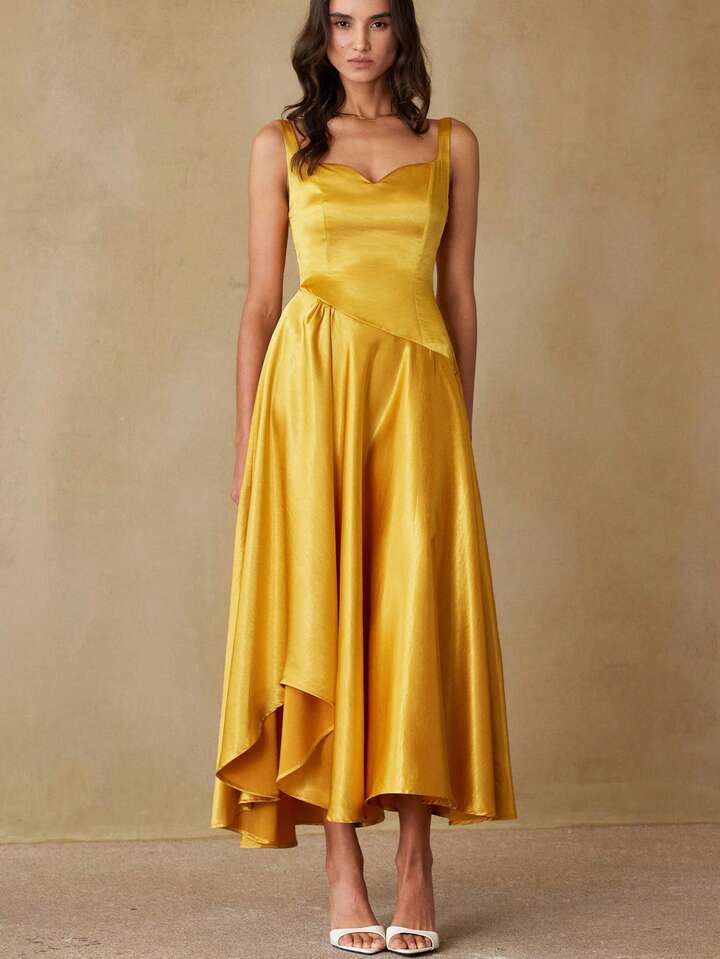 CM-DS567698 Women Elegant Seoul Style Square Neck Sleeveless Patchwork Irregular Asymmetric Satin Midi Dress