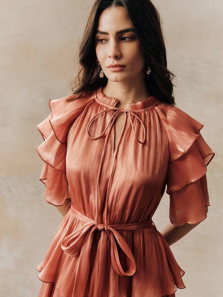 CM-DS478717 Women Elegant Seoul Style Tie Neck Puff Sleeve High Waist Layered Cake Maxi Dress - Burnt Orange