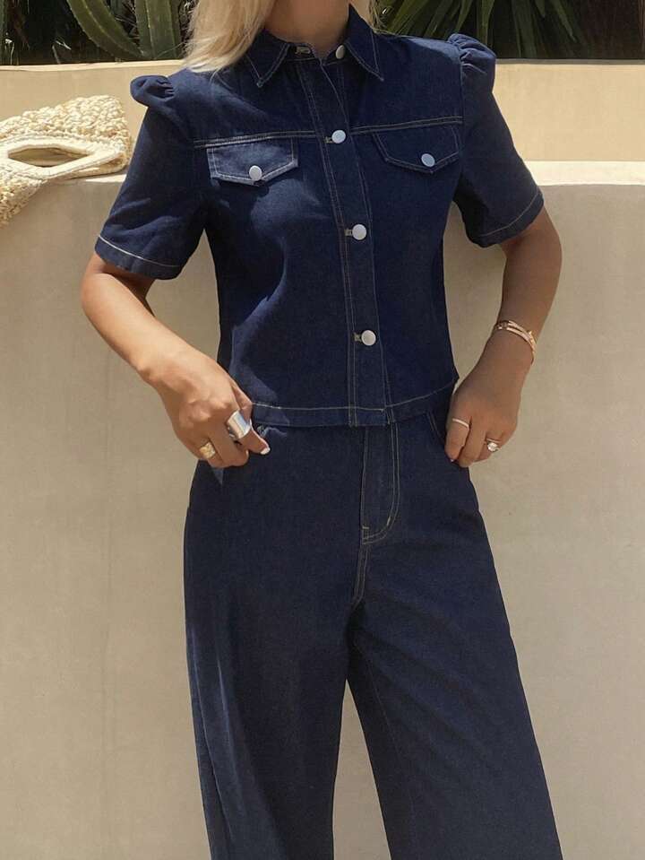 CM-SS022262 Women Elegant Seoul Style Collar Neckline Puff Sleeve Loose Denim Jacket With Pants - Set