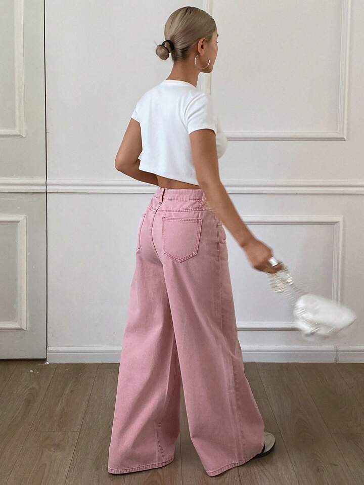 CM-BS462578 Women Casual Seoul Style Solid Color High Waist Loose Straight Leg Denim Jeans - Pink
