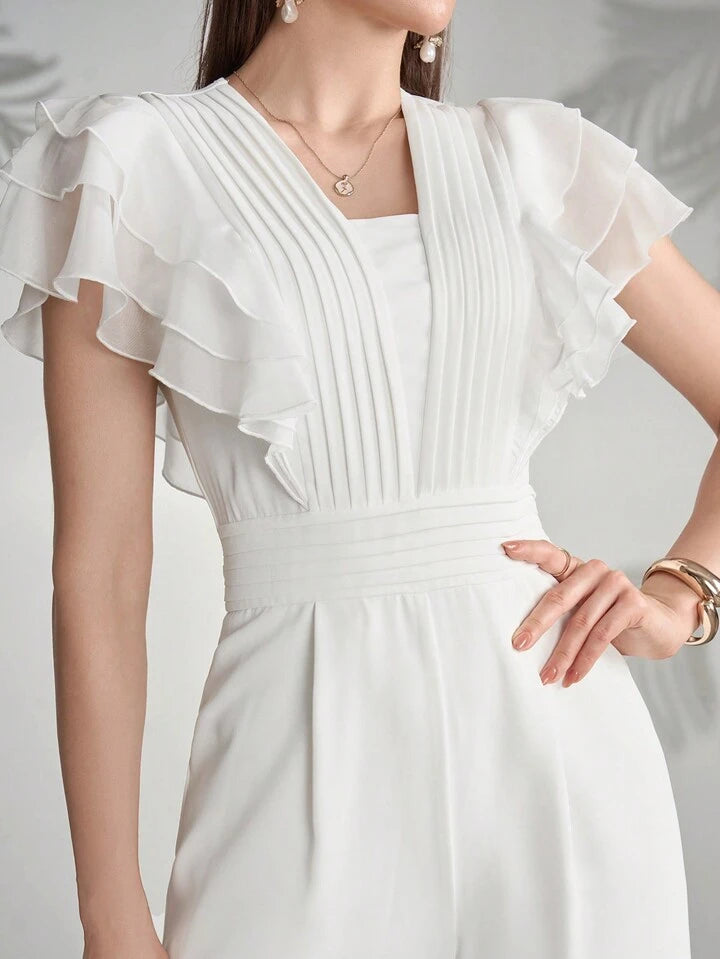 CM-JS321227 Women Elegant Seoul Style Square Neck Flounce Sleeve Ruffle Trim Pleated Jumpsuit - White