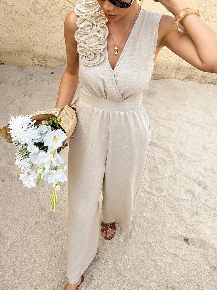 CM-JS628542 Women Trendy Bohemian Style Linen 3D Floral Decor V-Neck Sleeveless Wide Leg Jumpsuit
