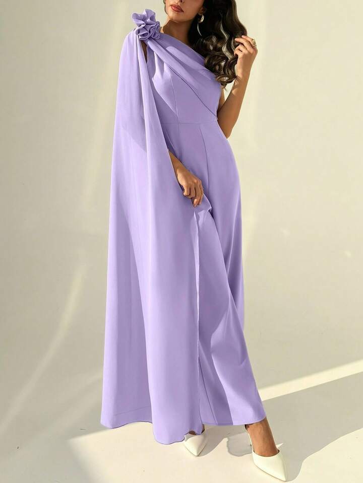 CM-JS693889 Women Elegant Seoul Style One-Shoulder Neckline Pleated Waist Pearl-Embellished Chiffon Jumpsuit