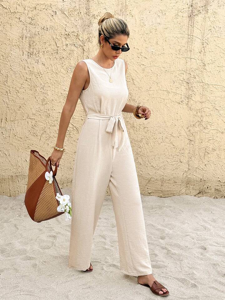 CM-JS101147 Women Trendy Bohemian Style Round Neck Hollow Lace Patchwork Sleeveless Jumpsuit