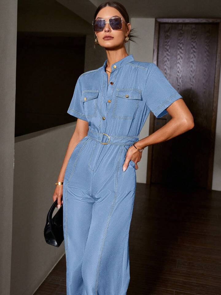 CM-JS203533 Women Elegant Seoul Style Notched Neckline Roll Up Sleeve Colorblock Wide Leg Jumpsuit - Baby Blue