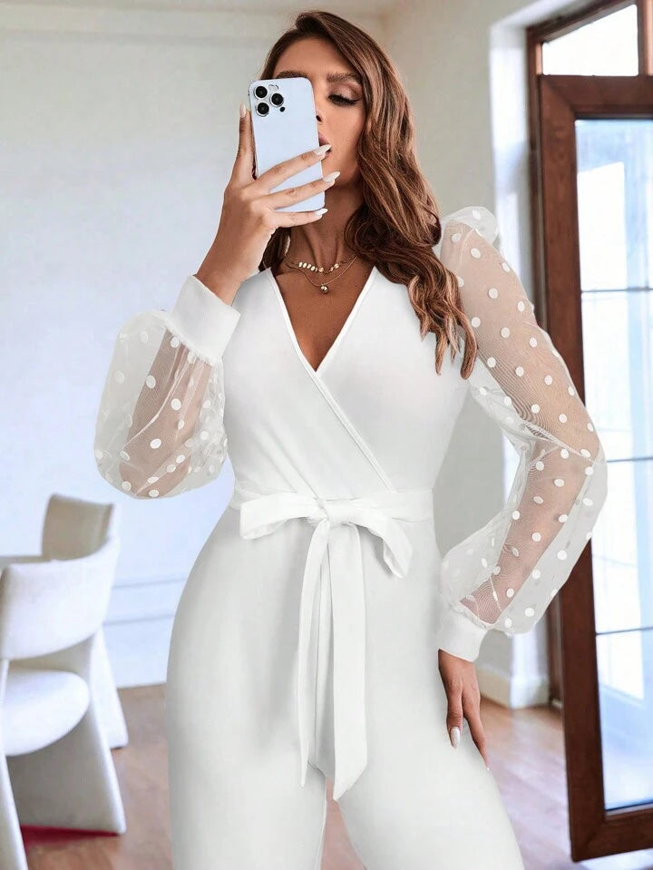 CM-JS572806 Women Elegant Seoul Style Contrast Dobby Mesh Lantern Sleeve Belted Jumpsuit - White